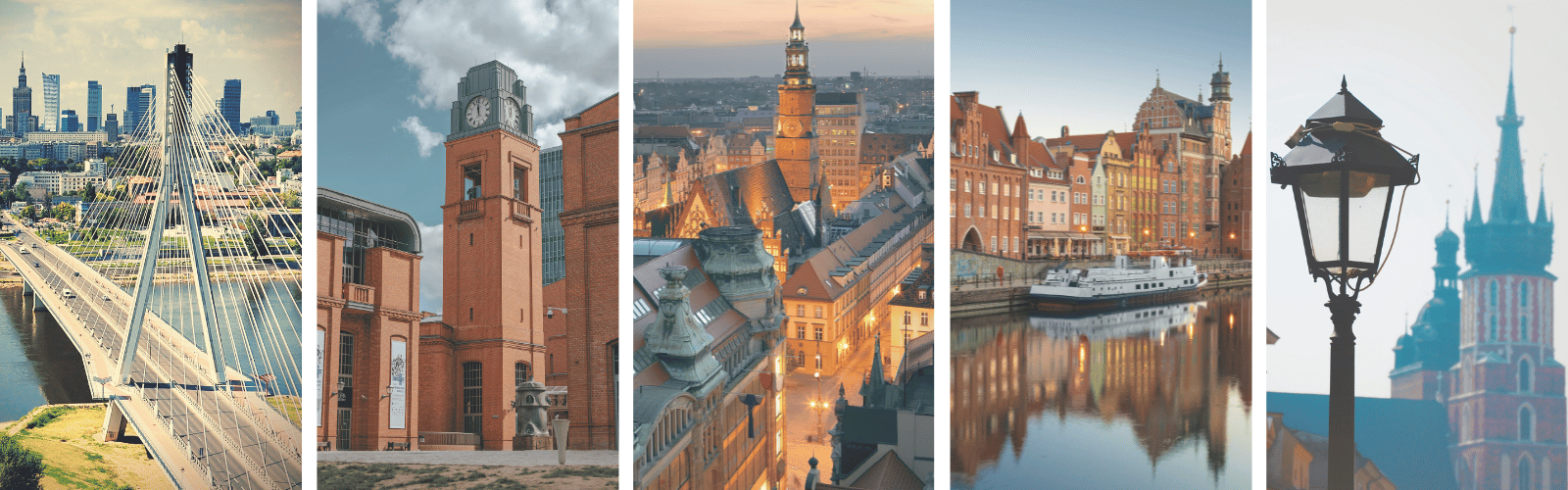 Pictures presenting five BPO hubs in Poland: Warsaw, Poznań, Wrocław, Gdańsk and Cracow.