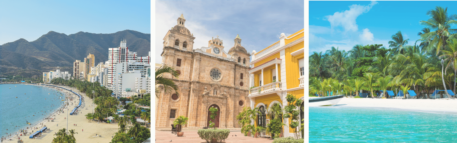 Images of what Colombia offers: modern cities, history and natural beauty.