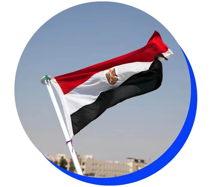 Egyptian flag fluttering in the breeze. The flag has horizontal stripes of red, white, and black, with the golden eagle emblem in the center white stripe. Buildings are visible in the background.