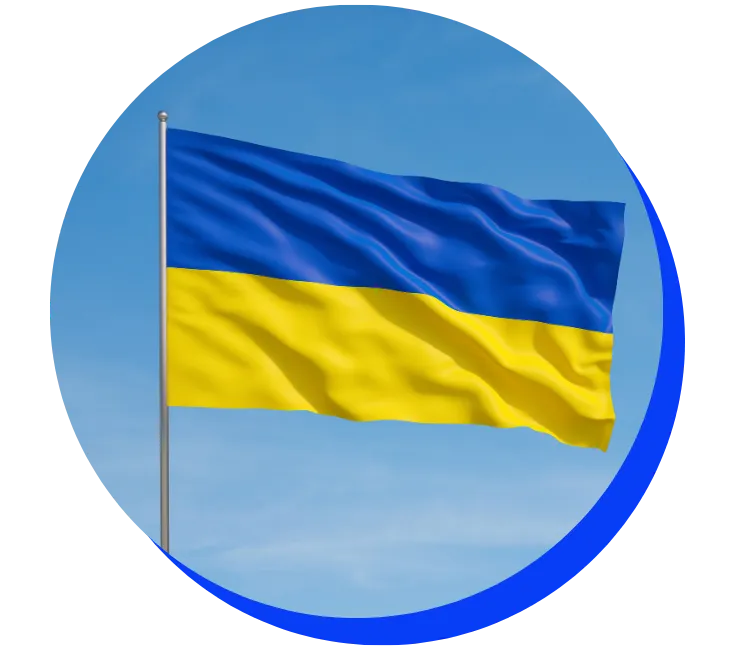 Ukrainian flag waving in the breeze against a clear blue sky. The flag consists of two horizontal stripes: blue on top and yellow on bottom, shown in a circular frame with a blue border.