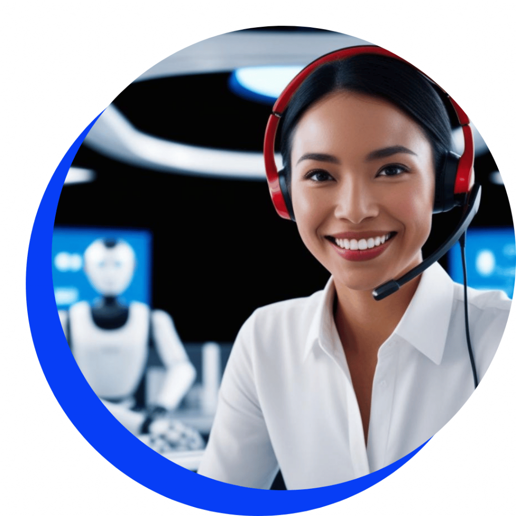 A call center agent smiling due to the efficient collaboration with AI technology.